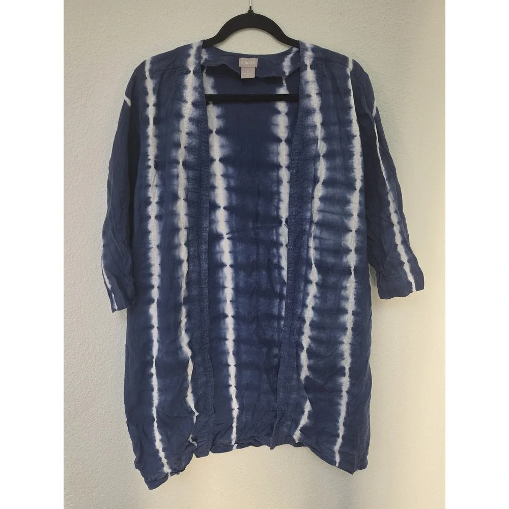 Chico's Open Cardigan Size 1P Boho Tie Dye Blue White Linen 3/4 Sleeve Sweater